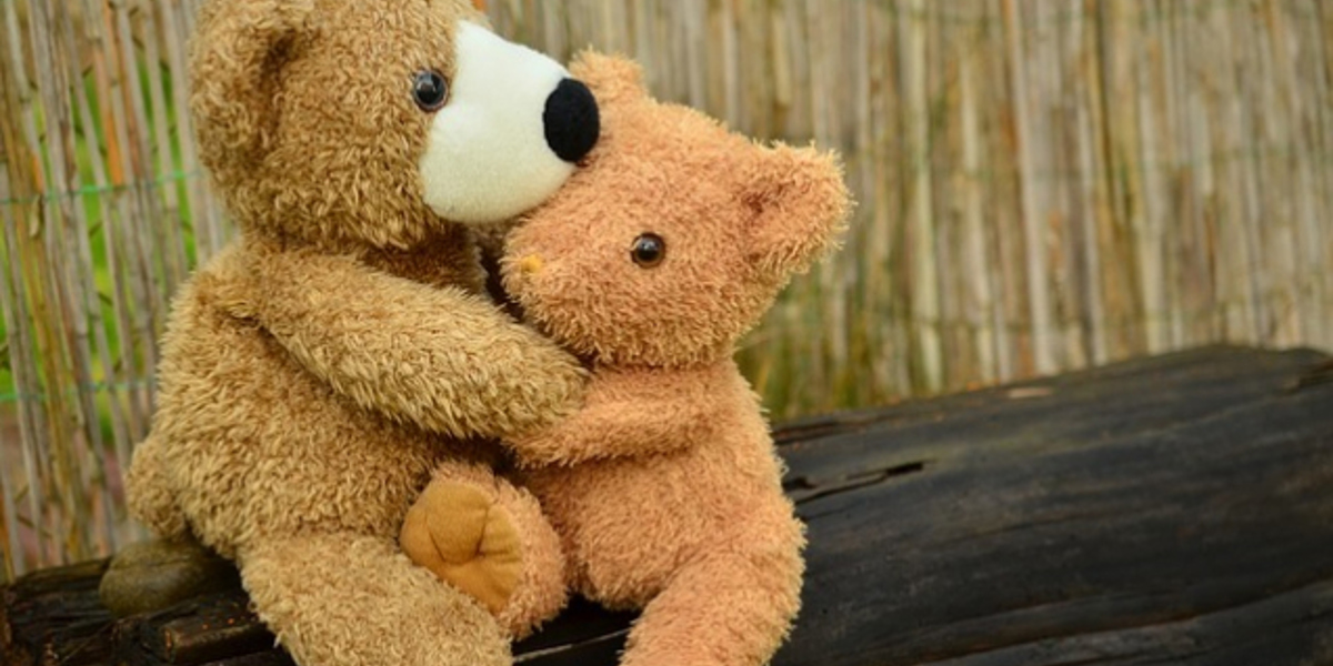 two teddies hugging